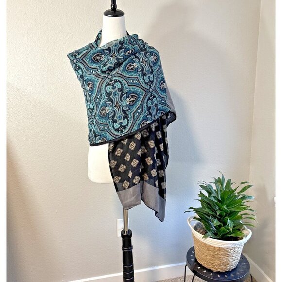 Charter Club Blue Gray Print 100% Silk/Viscose Scarf Delicate Overside Shawl - Picture 2 of 9